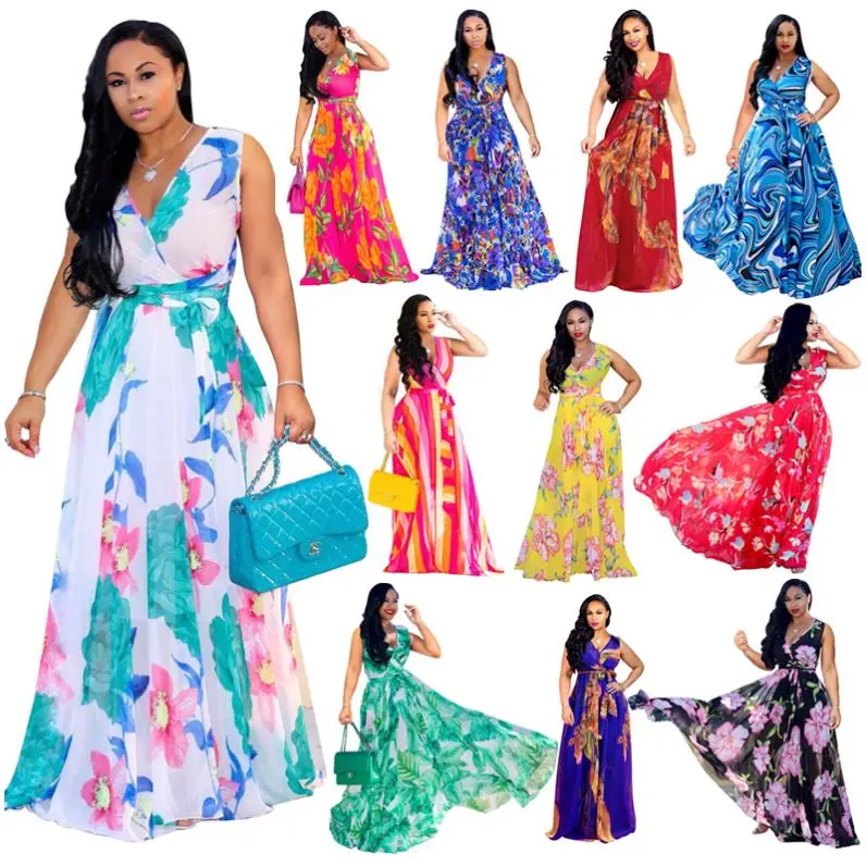 

2020 Summer Women V Neck Sleeveless Printed Casual Dresses Chiffon Maxi Dress