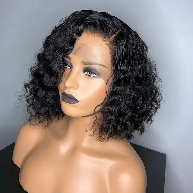 

Human hair wigs short and curly water wave 13*6 hd transparent lace frontal wigs curly afro wigs