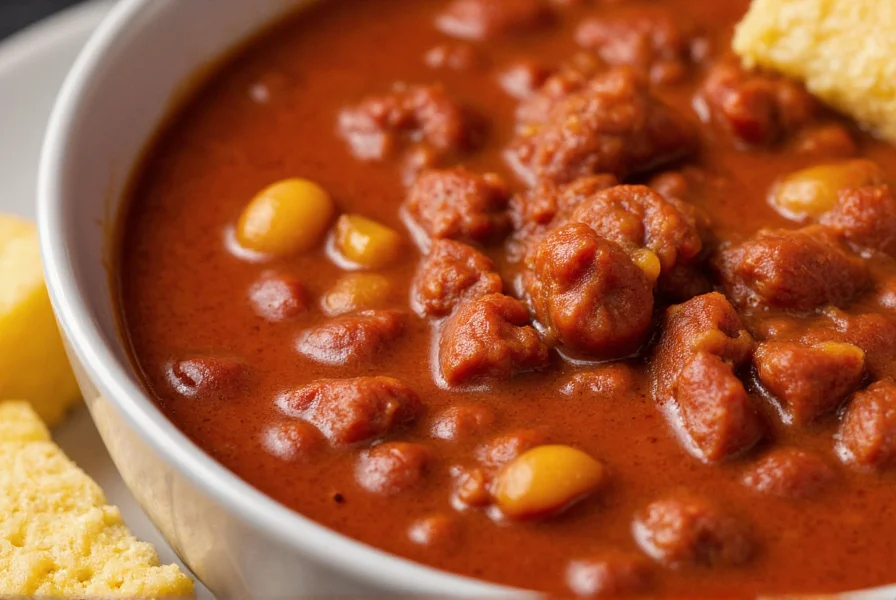 Close-up of canned chili without beans showing rich red color and meat texture in a bowl with cornbread