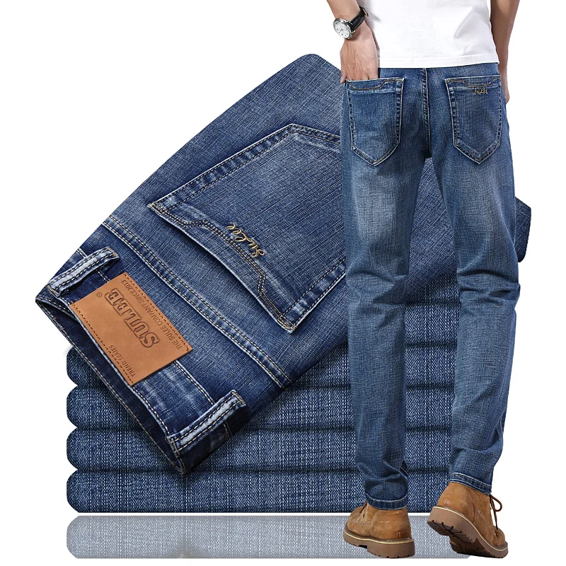 

Autumn and winter slim fit feet stretch all-match business casual mid-thick denim trousers men, Blue