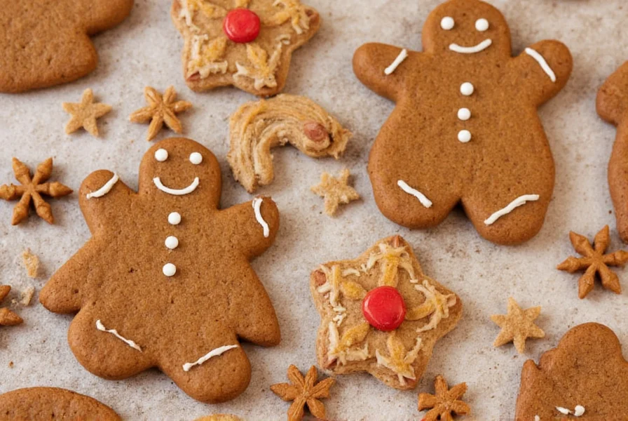 Traditional gingerbread man cookies arranged on wooden baking sheet with cinnamon sticks and ginger root