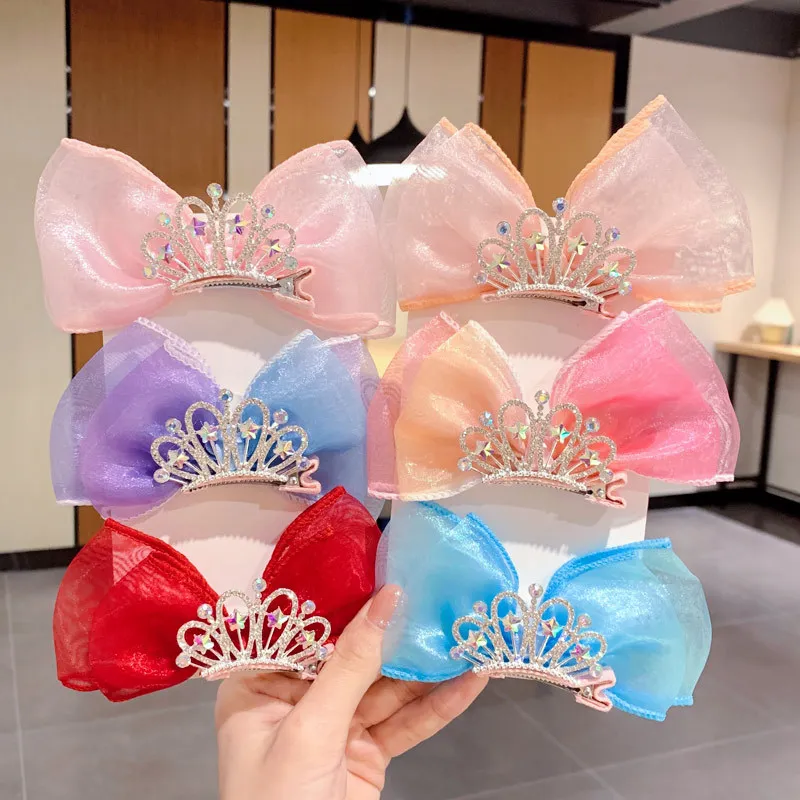 

Children's lace Princess Crown Bow Girls hair clip colorful butterfly bow glitter crystal kids hair accessories