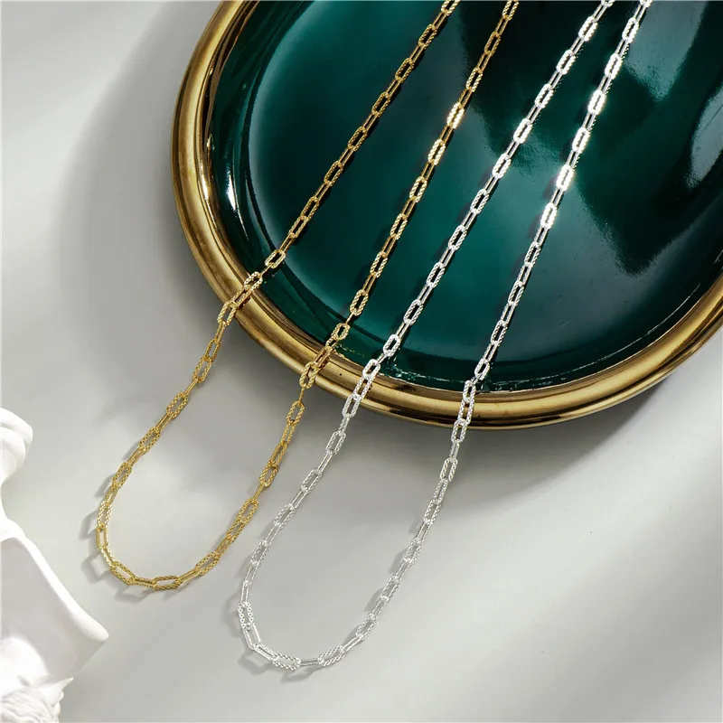 Stylish 18k Gold Plated Sparkling Paper Clip Chain Necklace Simple 925 Sterling Silver Paperclip Linked Necklaces