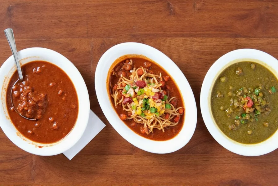 Three small bowls showing Texas red chili, Cincinnati chili over spaghetti, and green New Mexico chili