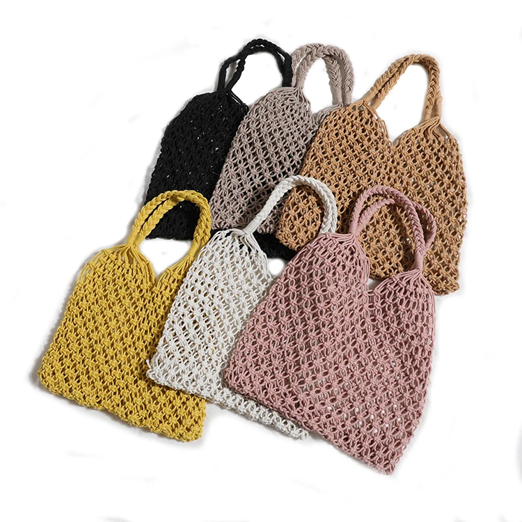 

Wholesale boho summer woven beach bag handmade hollow out straw bag macrame tote women cotton rope crochet bags, Customized