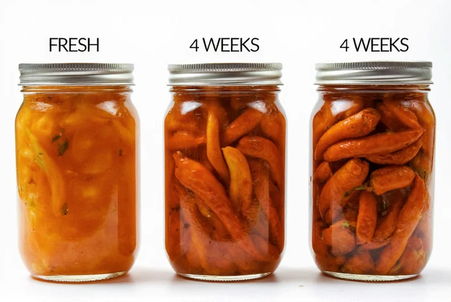 Three glass jars showing progression of chili fermentation from fresh to 4 weeks, demonstrating color and texture changes