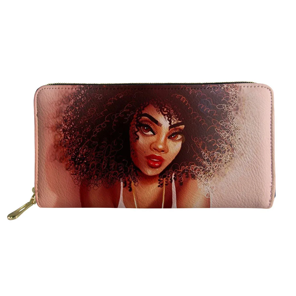 

Women Purse Black Art steam wallet gift card Printed Long PU cartoon african girl wallet