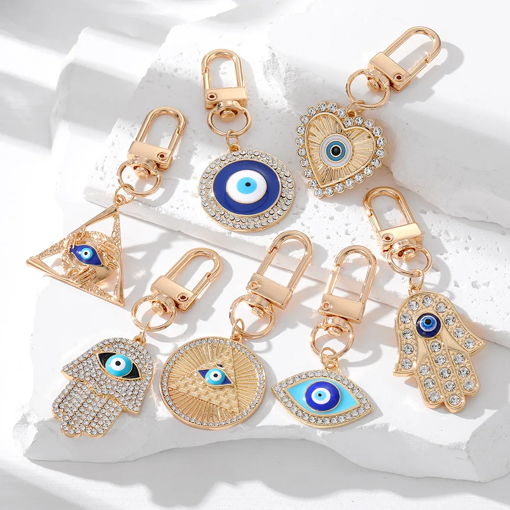 

Unique CZ Crystal Fatima Palm Charm Key Ring Alloy Enamel Blue Evil Eye Pendant Keychains Wholesale