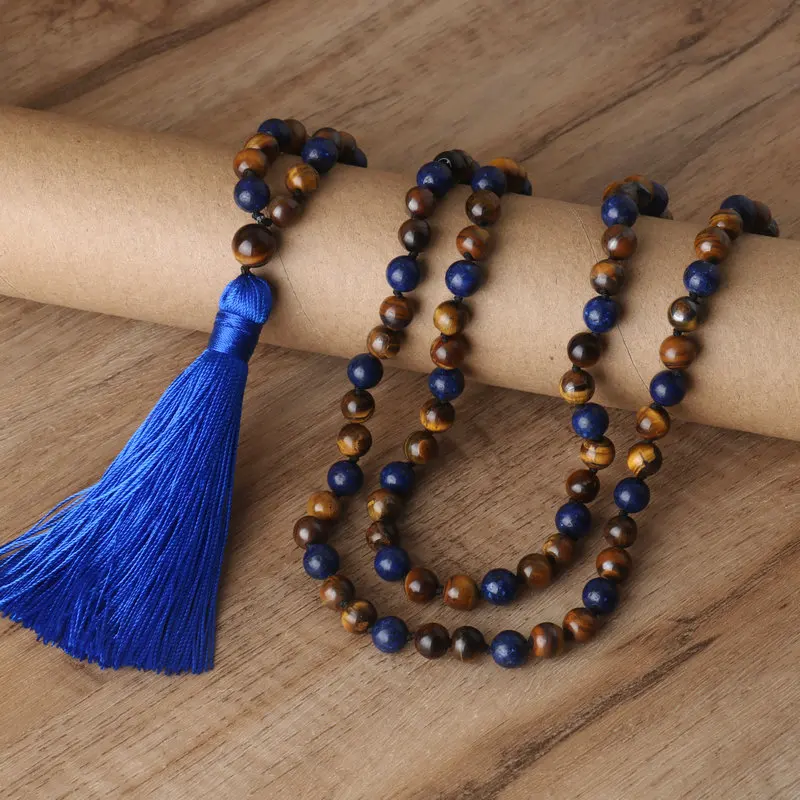 

8mm Tiger Eye Beaded Necklaces Yoga Meditation Tassel Pendant Natural Gemstone Lapis Lazuli Japamala Necklace for Men Jewelry