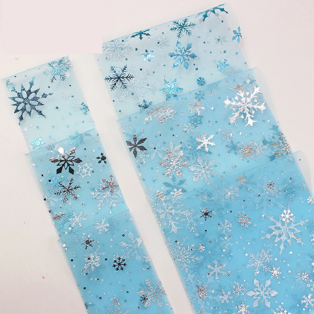 

6cm 13cm Wholesale Grosgrain Net Yarn Ribbon with Star Snowflake Silver Foil Decoration Blue Chiffon Ribbon, 6 colors