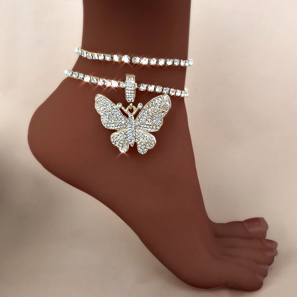 

New Fashion Rose Gold Large Butterfly Pendant Ankle Bracelet Hiphop Shiny Cute Animal Butterfly Charm Foot Anklet, Gold,silver color