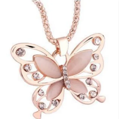 

Free Shipping Women's Rose Gold Opal Butterfly Hollow Pendant Necklace