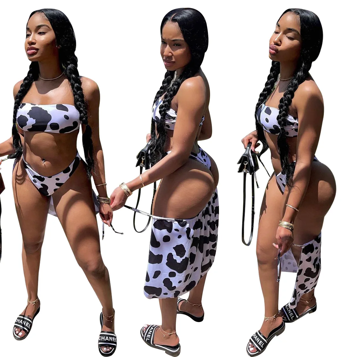 

Fashion Sexy Cow Striped Print Bikini Three-Piece Set With Chest Pad