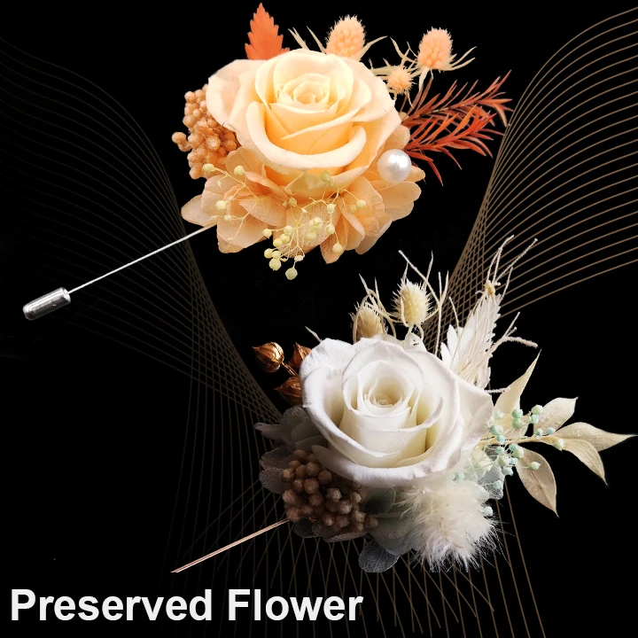 

Fashion Corsage Fancy Inspired Trendy OEM Luxury White Rose Bouquet Suit Lapel Flower Pin Brooch for Groom Men Male Wedding Bee