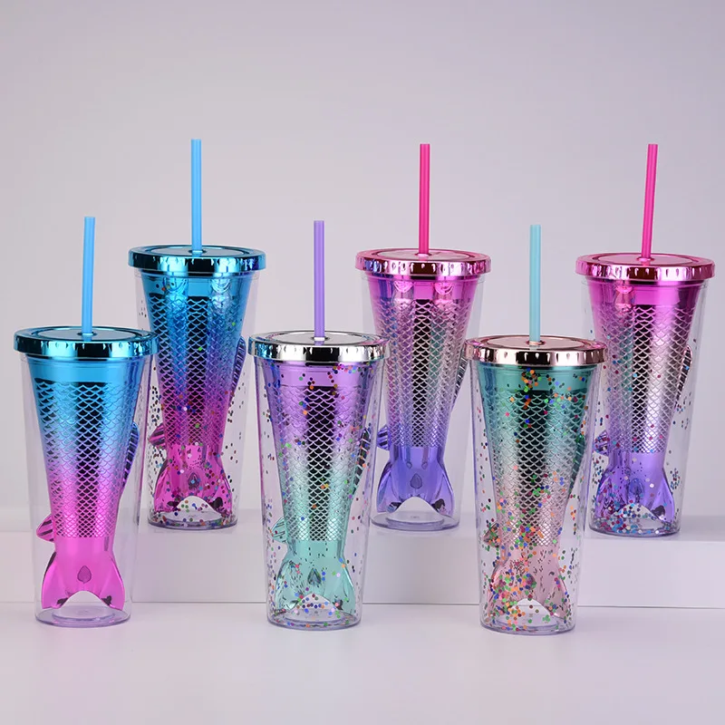 

Wholesale Plastic Gradient Mermaid Tail Electroplated Fishtail Sequin Straw Cup Tumbler, Customized color