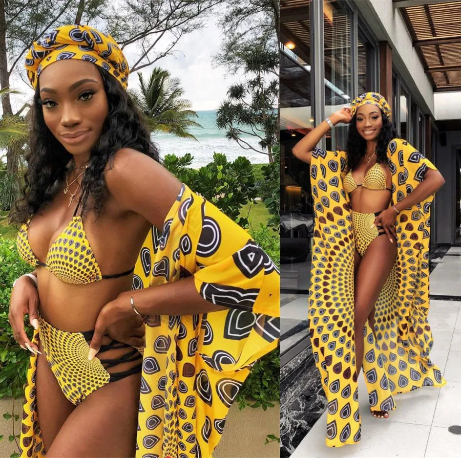 

3PCS/SET 2021 Wholesale Yellow Printed Swimwear Plus Size Bikini Robe Set Beachwear