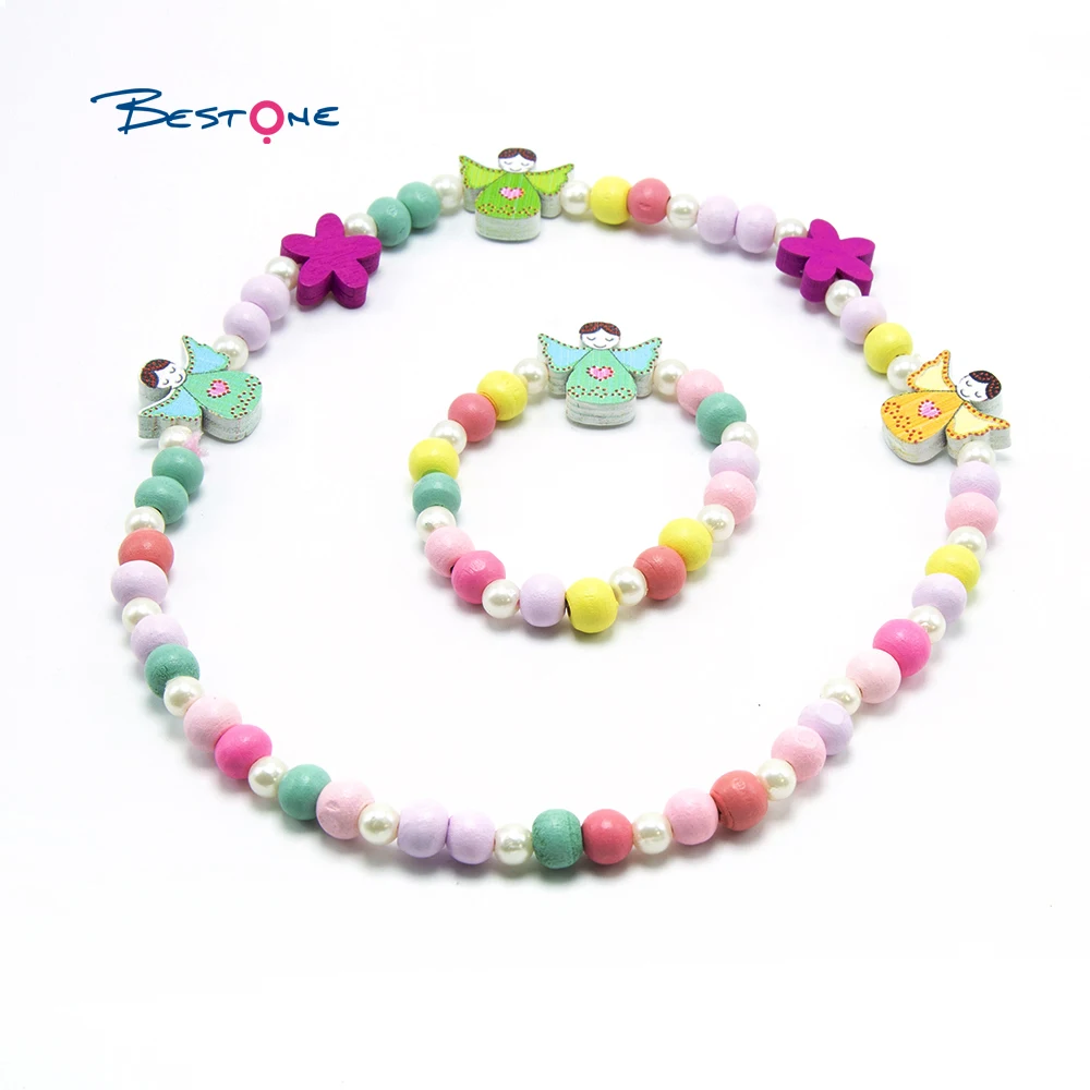 

Mixed Color Wooden Beads BESTONE OEM Kids & Girls Jewelry Set Necklace and Bracelet for Girls