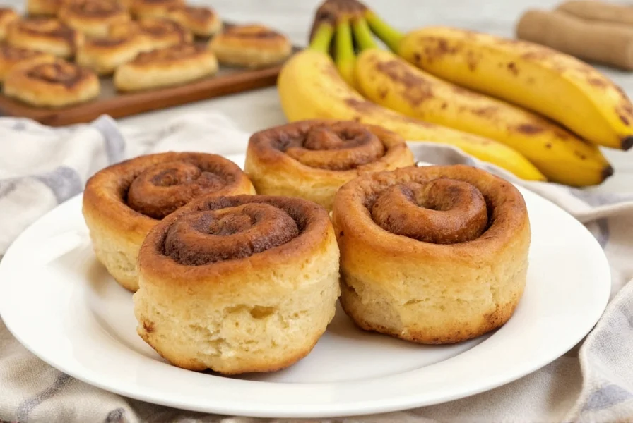 Homemade banana cinnamon rolls with cream cheese frosting on wooden board
