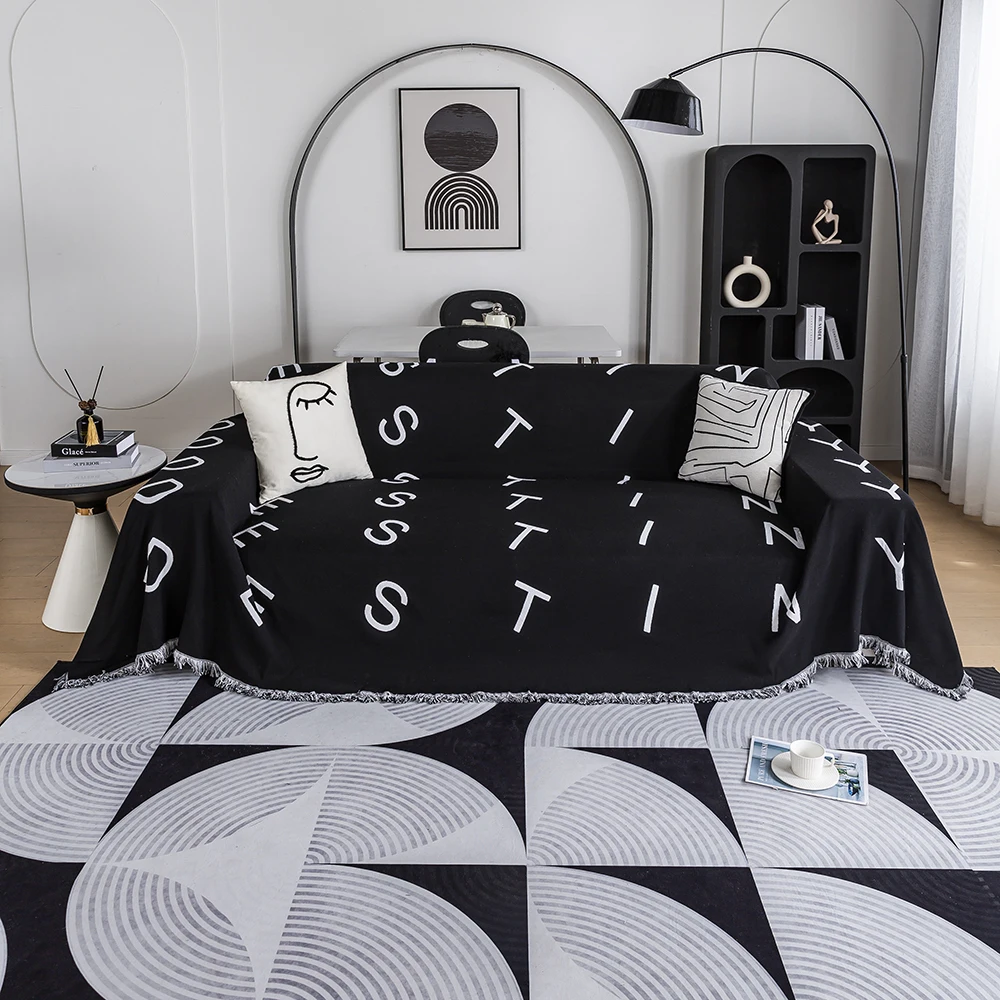 Factory Wholesale Custom Woven Jacquard Blanket Black White Checker Striped Simple Vintage Bedding Sofa Throw Tapestry Camping