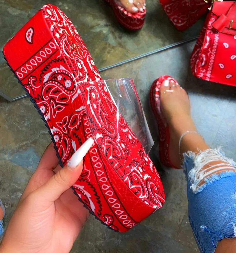 

NS032 wholesale bandana printed shoes platform sandals summer bandana women's slides slippers 2021 sandals, Picture