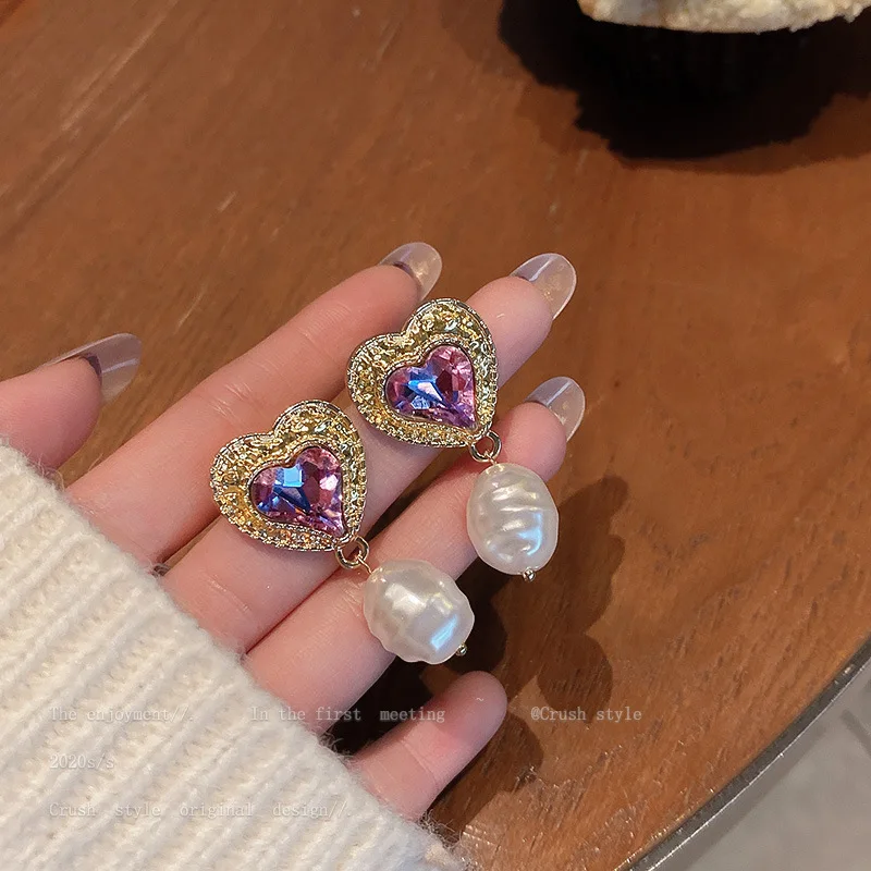 

new statement crystal drop purple heart earrings