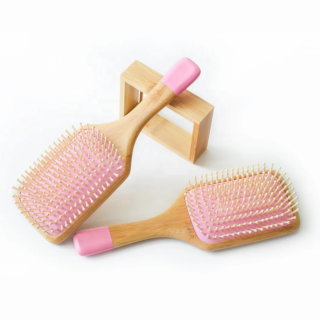 

New Custom Natural Bamboo Paddle Detangle Massage Pink Cushion Hair Brush