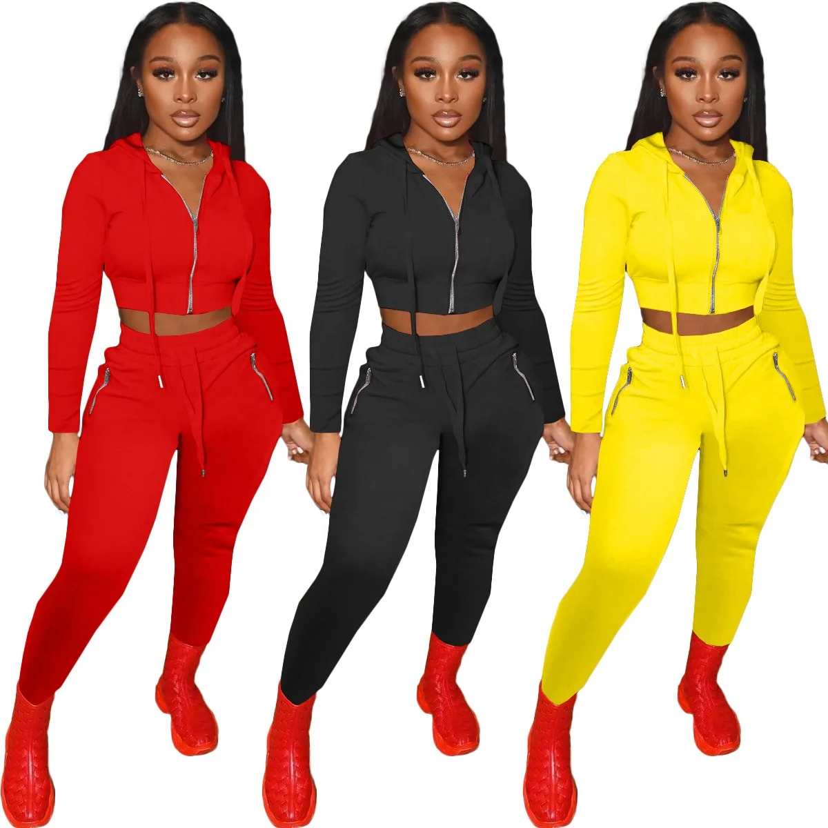 

Manufactured wholesale soild color women tracksuit sportswear pants set hoodie causal set Two piece set for women, Yellow/black/red
