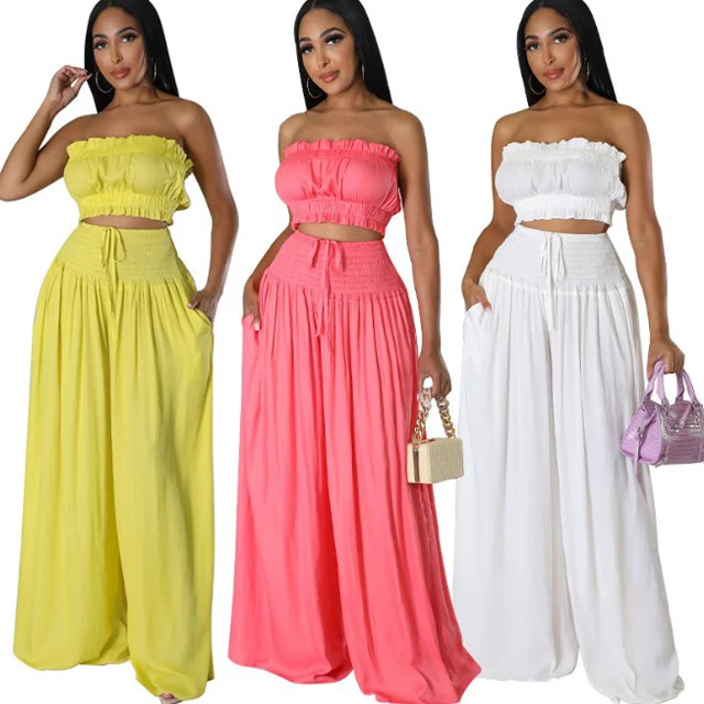 

GX08674 Fashion Summer Casual Elegant Street Wear Irregular Tube Top and Wide Leg Pant Matching Suit Women 2 Piece Set