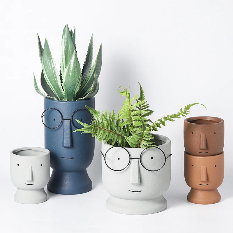 

Nordic Style Ceramic Decorative Flower Creative Art Human Face Succulent Cactus Planter Pot With Hole Gardening Accessories, White
