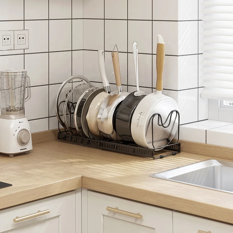 

Kitchen Countertop Organizer pans lid Storage Rack metal pan pot lid holder and organiser Seamless adjustment pot kithcen rack