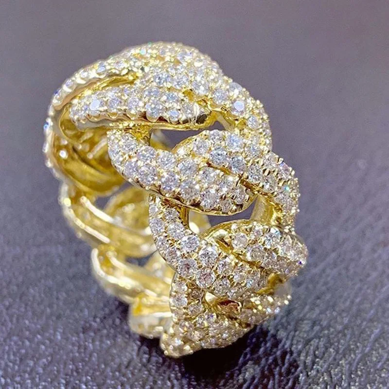 

2020 New Arrival Punk Jewelry Gold Plated CZ Crystal Rings Exaggerated Twisted Full Cubic Zirconia Rings For Men