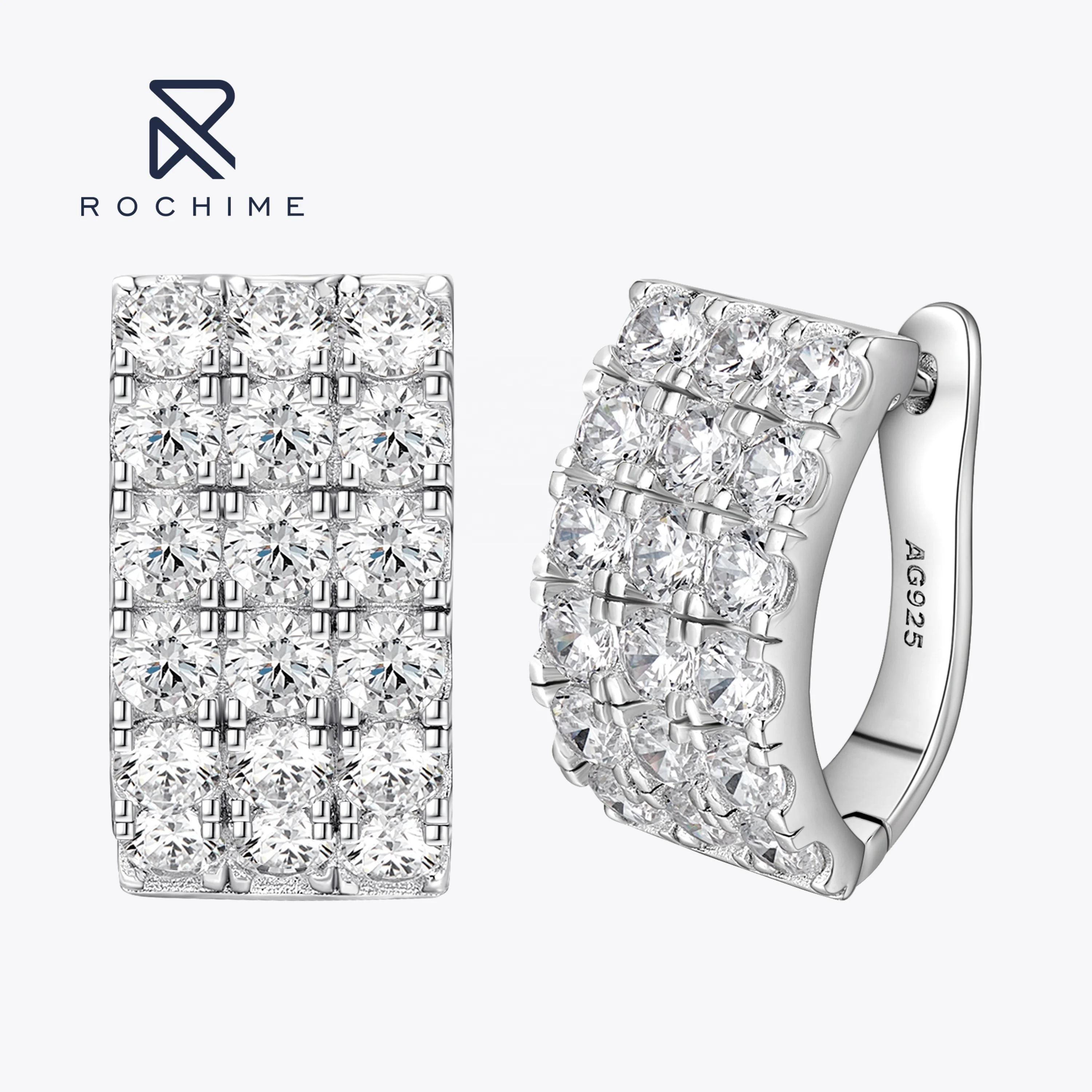 Rochime Sparkling Three Rows Diamond Earrings 925 Sterling Silver Rhodium  Plated 5a Zircon Jewelry for Women