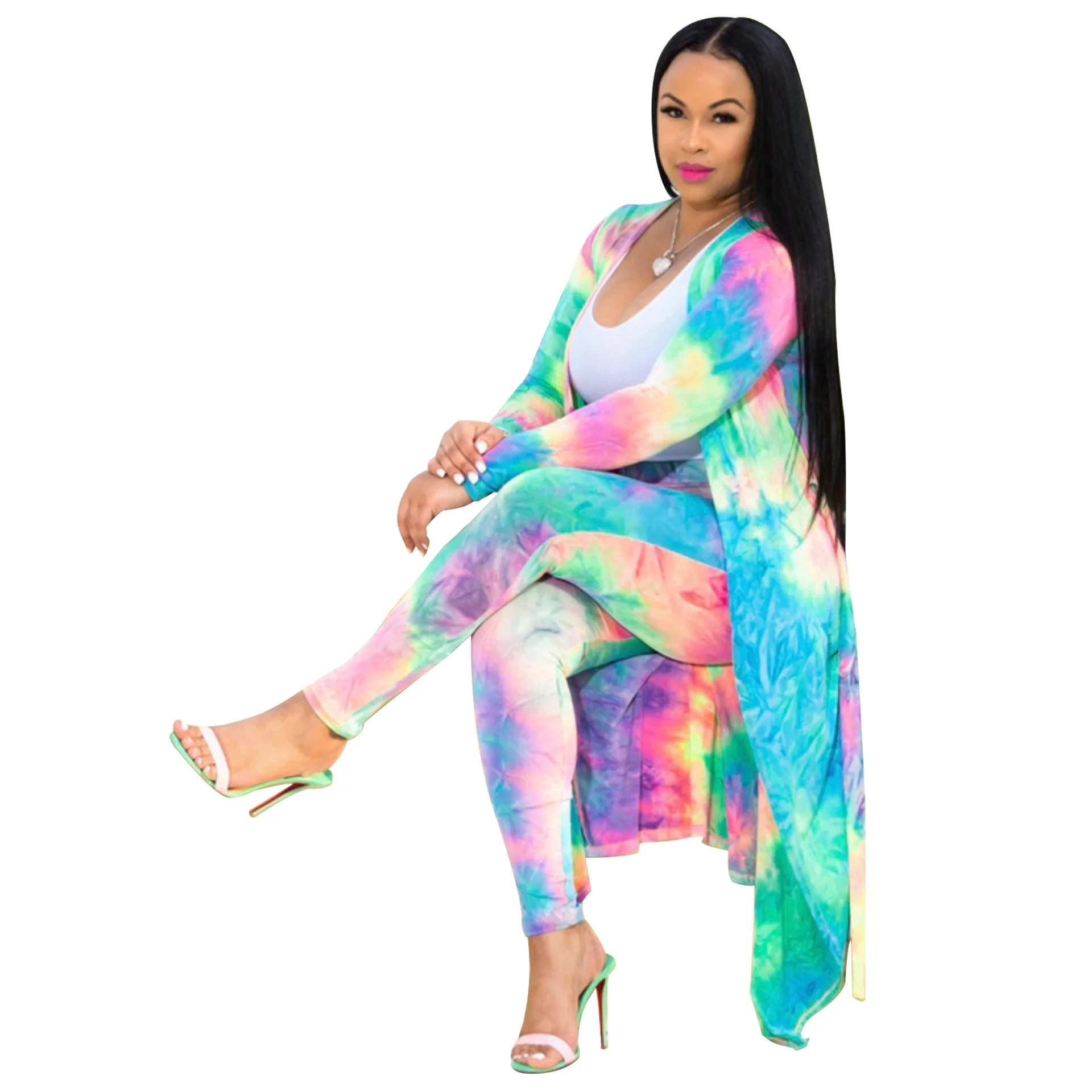 
Spring Fall Rainbow Color Bandhnu 2 Pieces Plus Size Casual Ladies Clothing Coat and Pants Women Suit 
