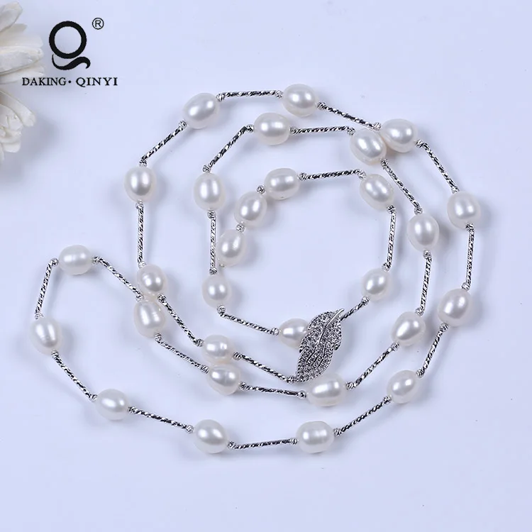 

Modern Latest Designs Women Jewelry Long Chain Silver Natural White Freshwater Peal Necklace