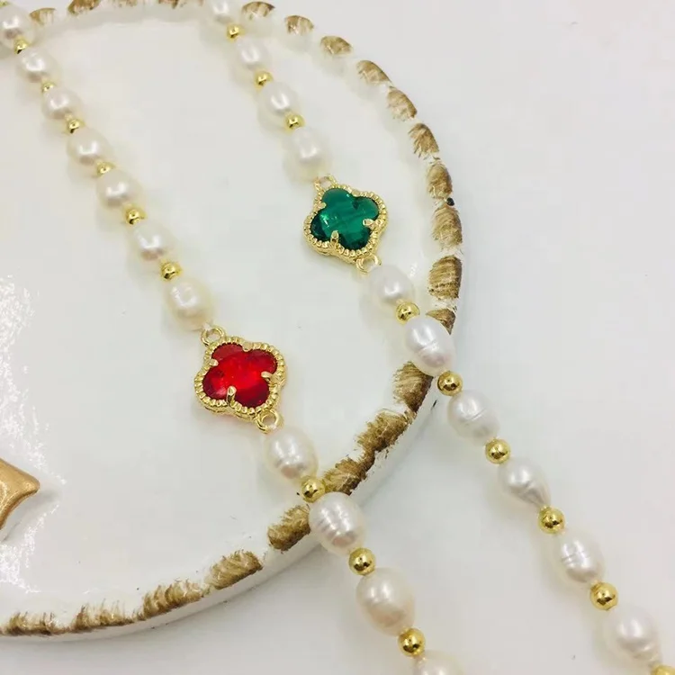 

Wholesale Korean natural pearl bead gold colorful lucky clover charm stainless steel bracelets for women jewelry, Gold/silver