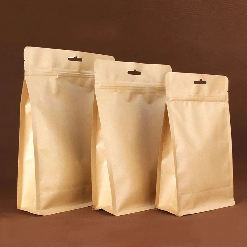 

Rts Aluminized Kraft Paper Flat Bottom Stand Up Pouch Eight Side Seal Zipper Snack/Tea/Food Bag With Hang Hole