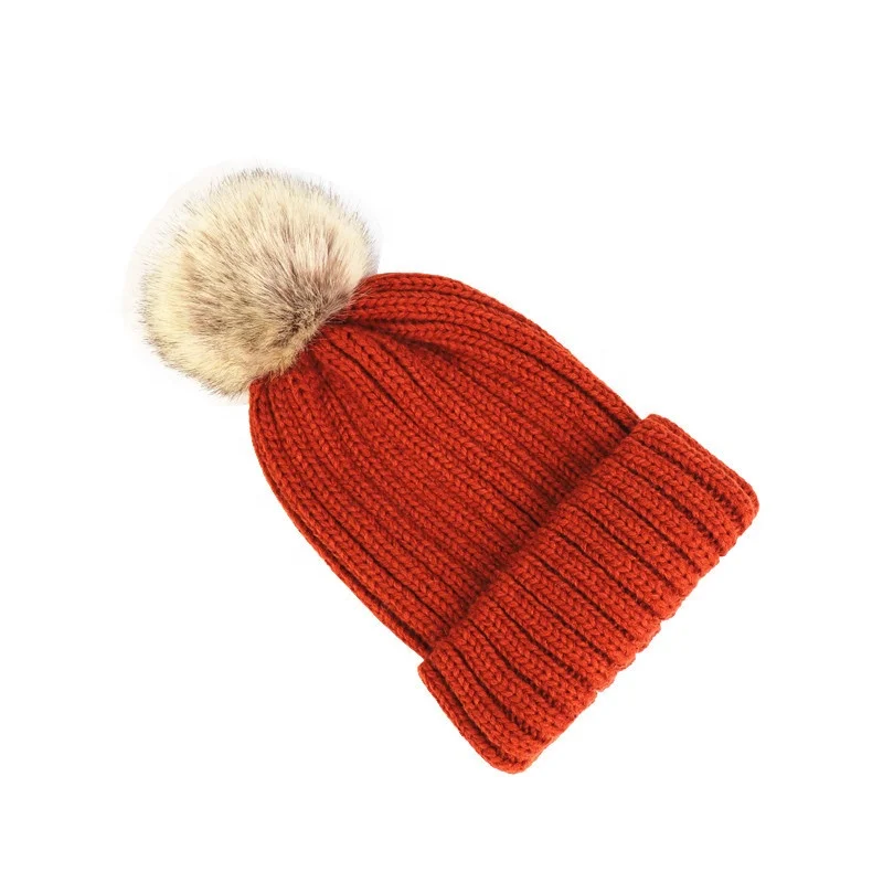 

Wholesale colorful winter thicken unisex women knitted fox fur pom pom fur beanie hat parent-child soft knitted hat