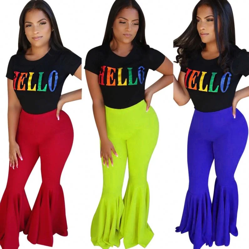 

Wholesale Multi-color plus size pants women boutique clothing S-5XL lotus leaf slim flare palazzo pants