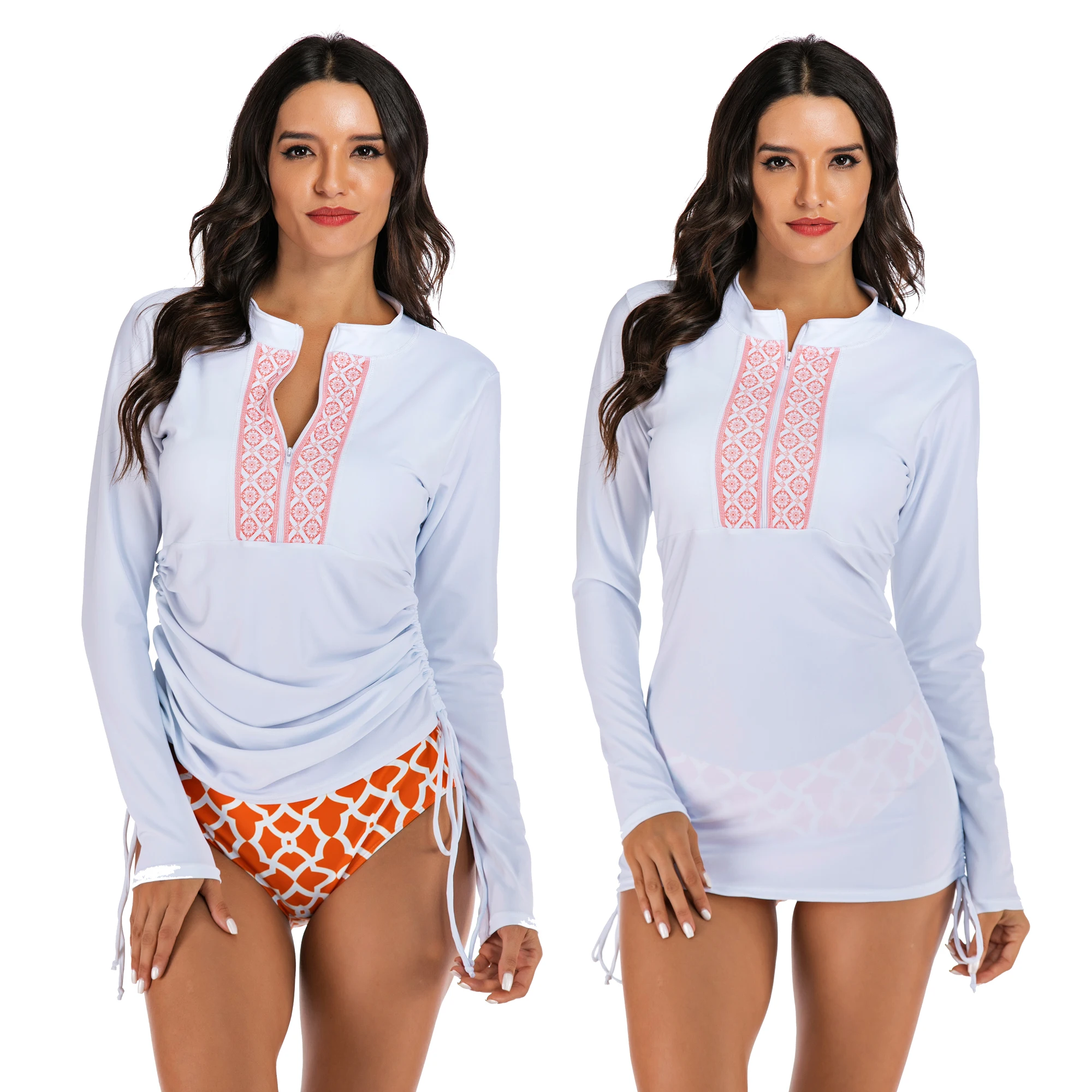 

women's long sleeve white half-zip sun protection rashguard side adjustable string swim shirt top and bottom two piece set, Black printing