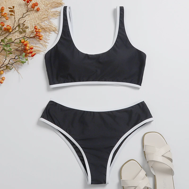 

Best Selling Custom Swimwear Two Pieces Black Solid Swimming Costume Women Sports Bra Swimsuit