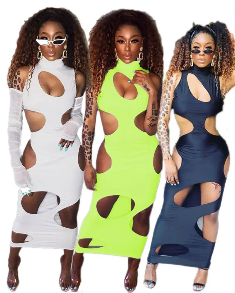 

0819M066 High quality Solid color tight personality hole fashion woman sexy nightclub shredded dress, White, black, fluorescent green