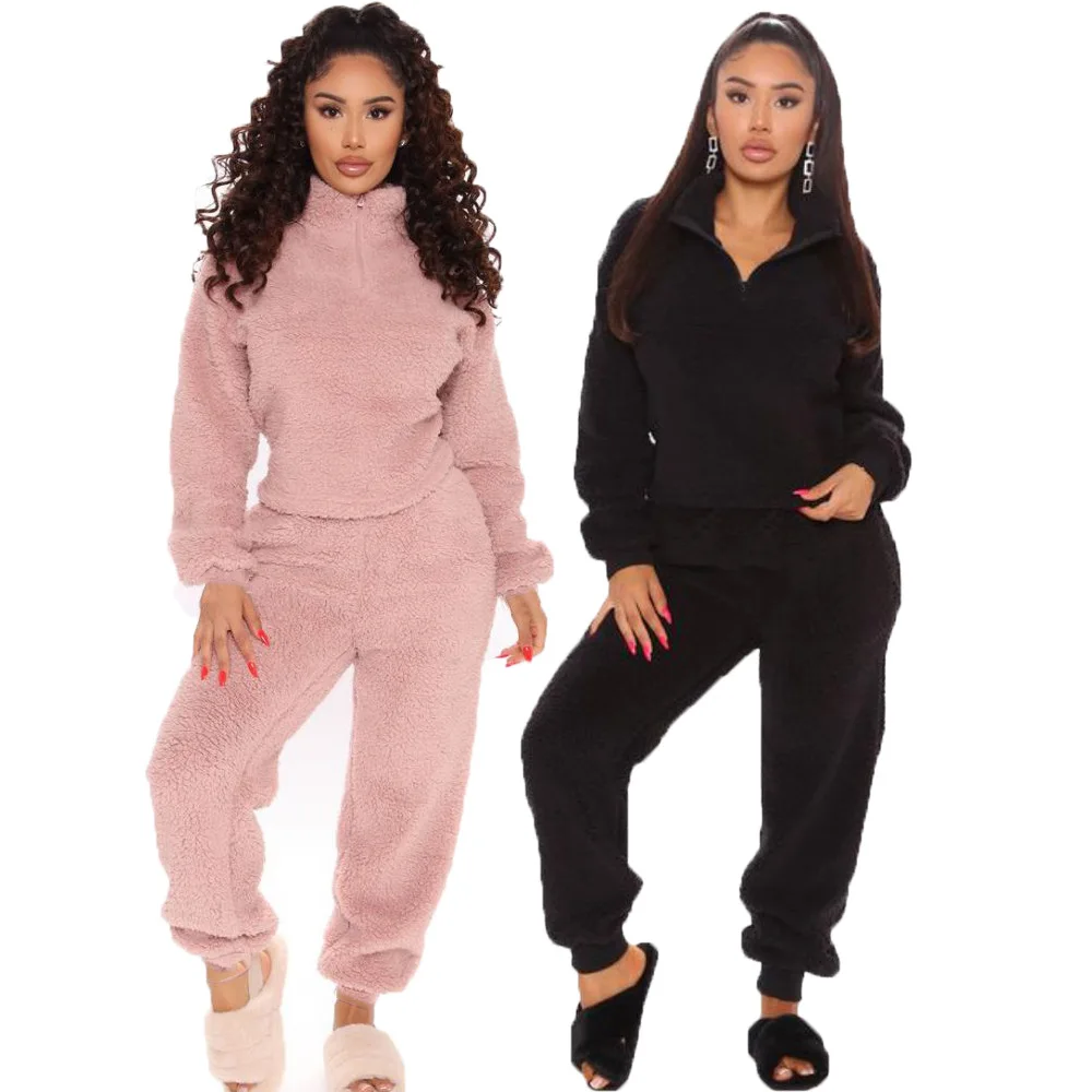 

2021 plus size solid color plush casual 2 piece set winter womens clothing wholesale, Black, pink