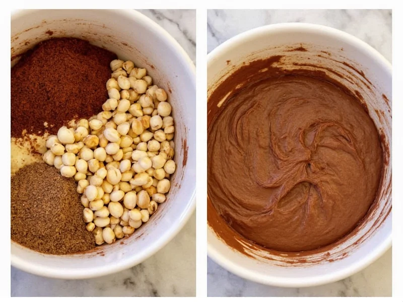 Homemade nutella recipe step showing hazelnut processing
