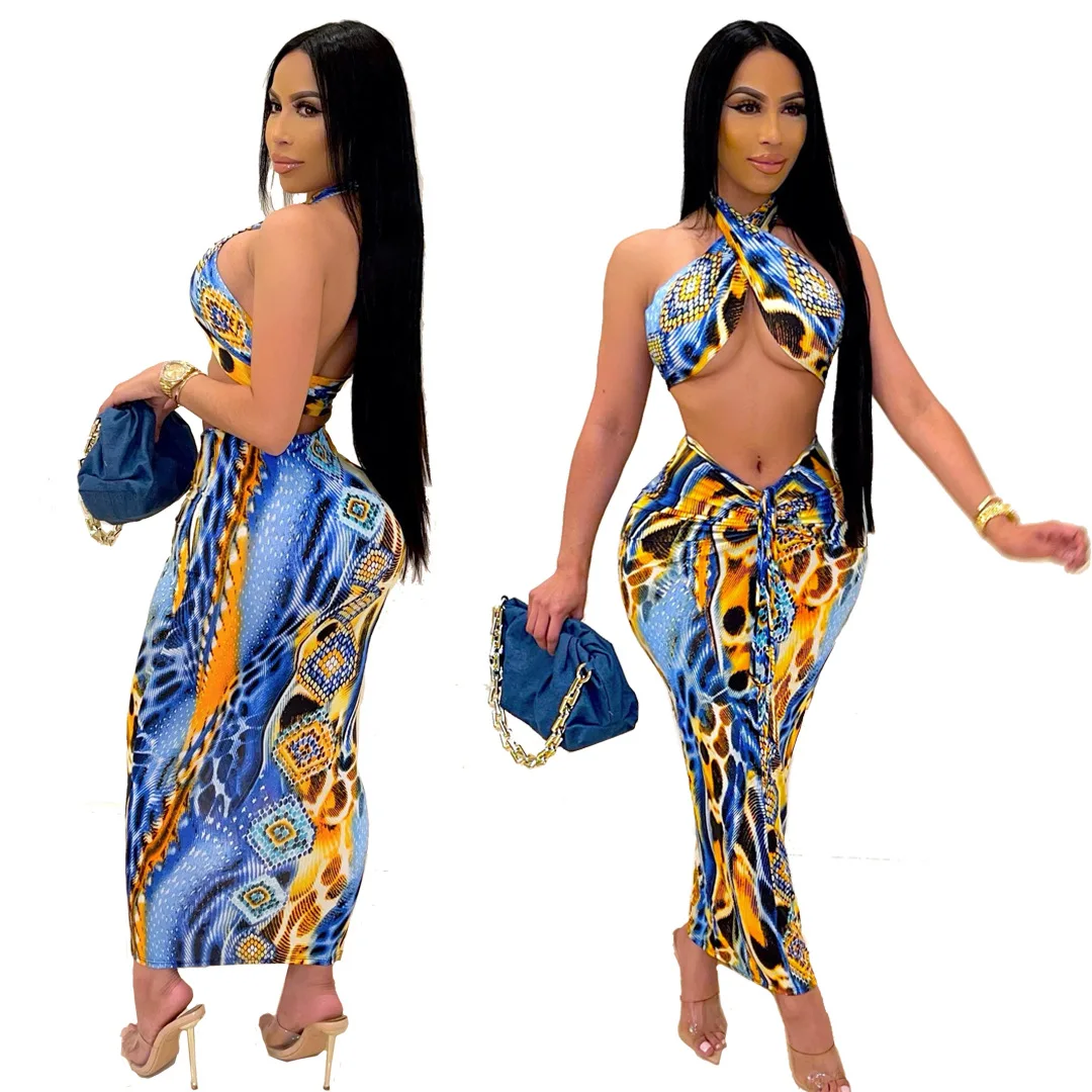 

W1196 2021 Summer New Fashion Mesh See-through Sexy Hip Wrap Dress Set Floral Print Women Outfits Two Piece Set