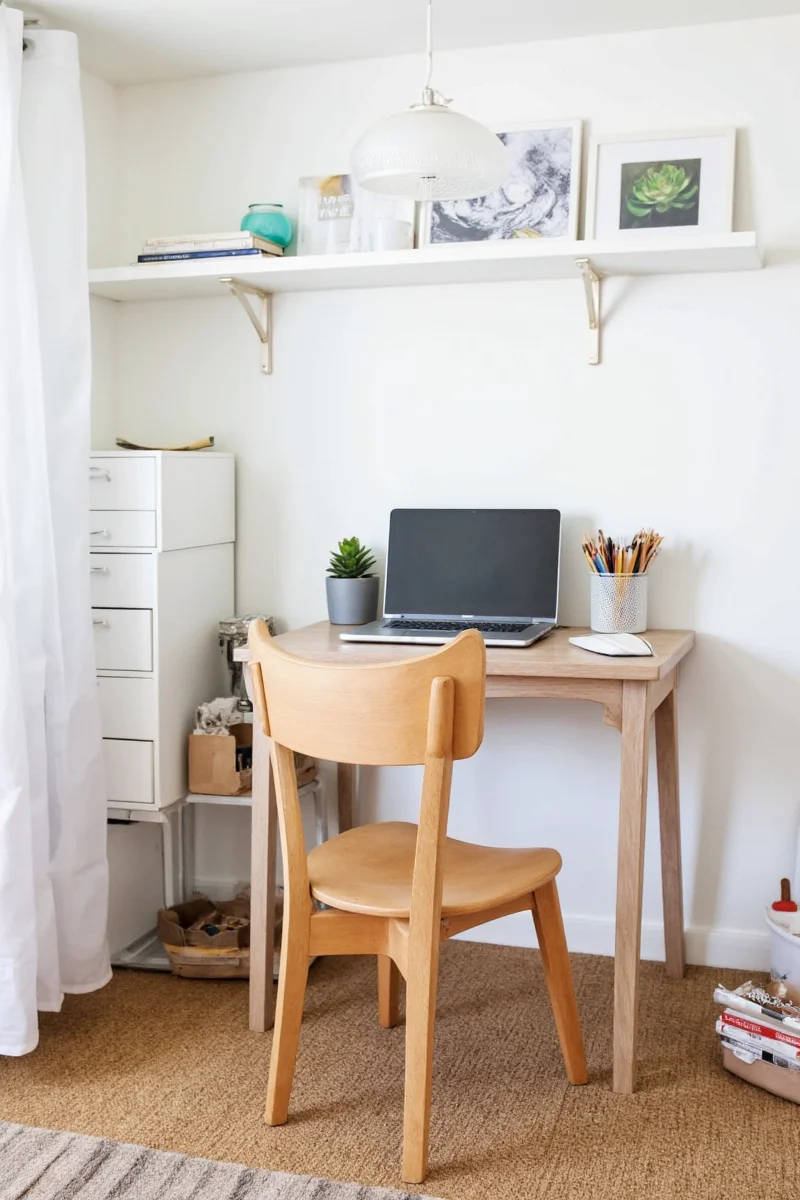 Organized guest bed office with labeled bins and shelves