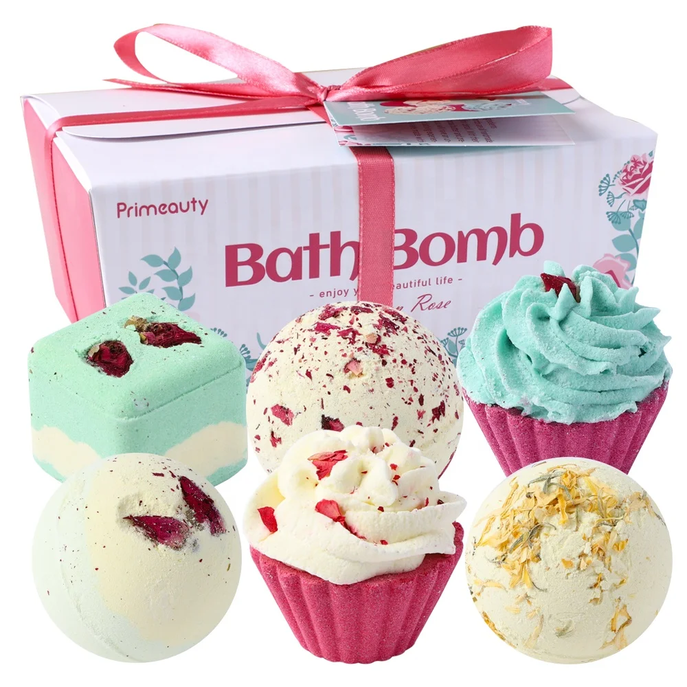 

private label handmade organic fizzy spa bubble vegan relax essential oil cupcake luxury rose dried flower bath bomb gift set