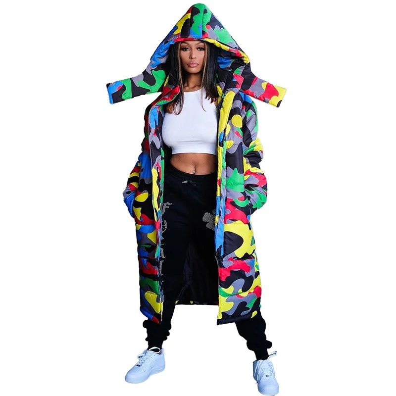 

Stylish Warm Camouflage Print Winter Bubble Jacket Long Fall Jackets For Women