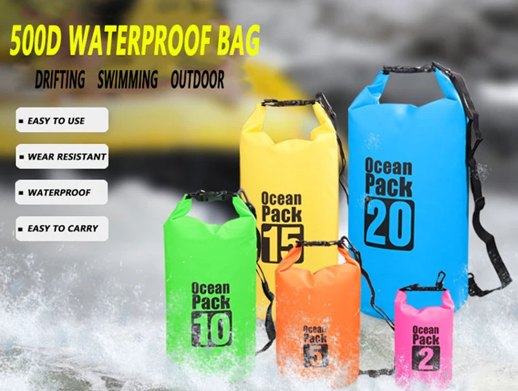 Outdoor Sport Rafting Waterproof 500D Pvc Tarpaulin Ocean Pack Dry Bag Custom Logo Portable 2L 3L 5L 10L 20L 30L 40L 50L 60L