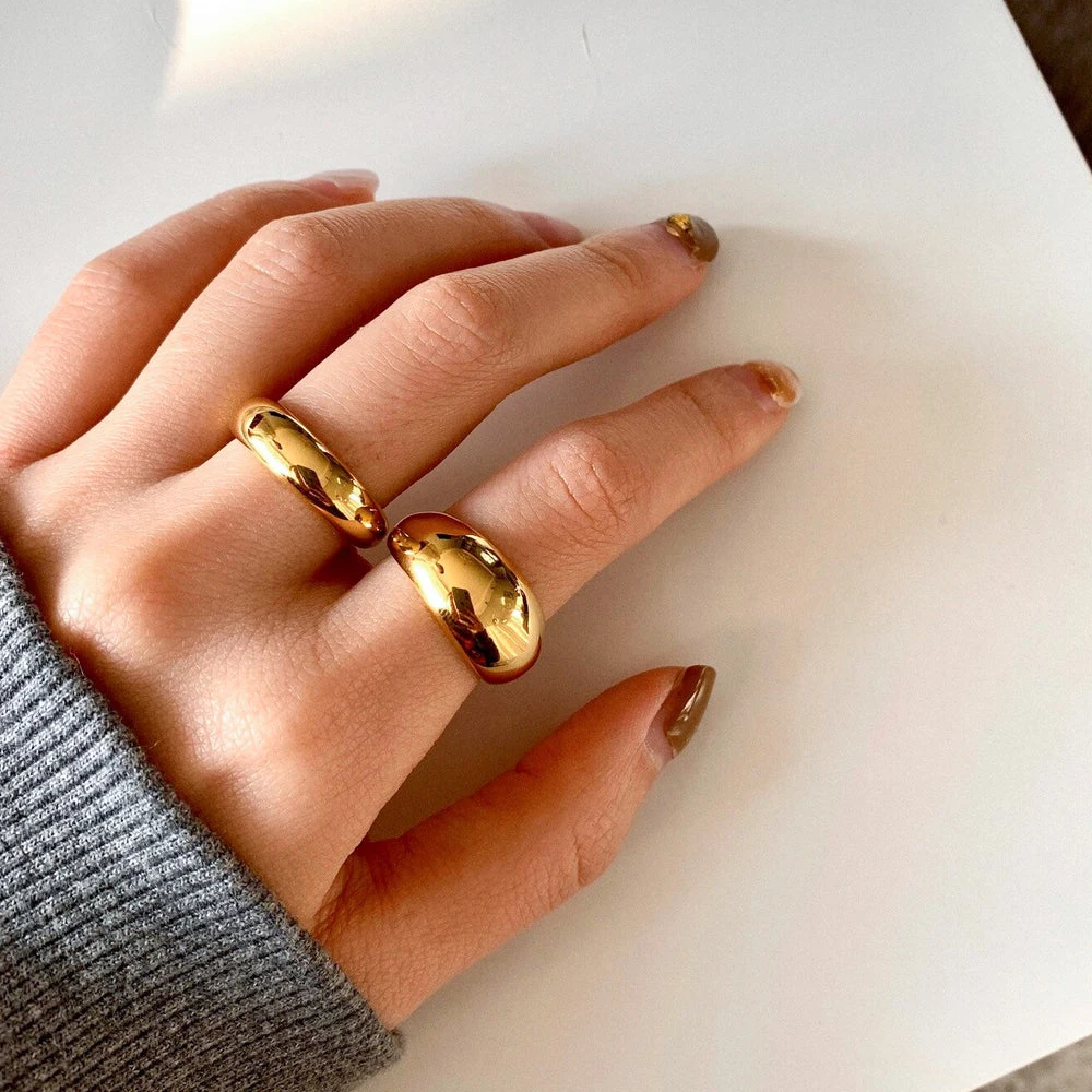 

Dainty Stainless Steel 18K Gold Plated Chunky Band Ring Gold Statement Ring Bold Dome Ring for Women Minimalist Style