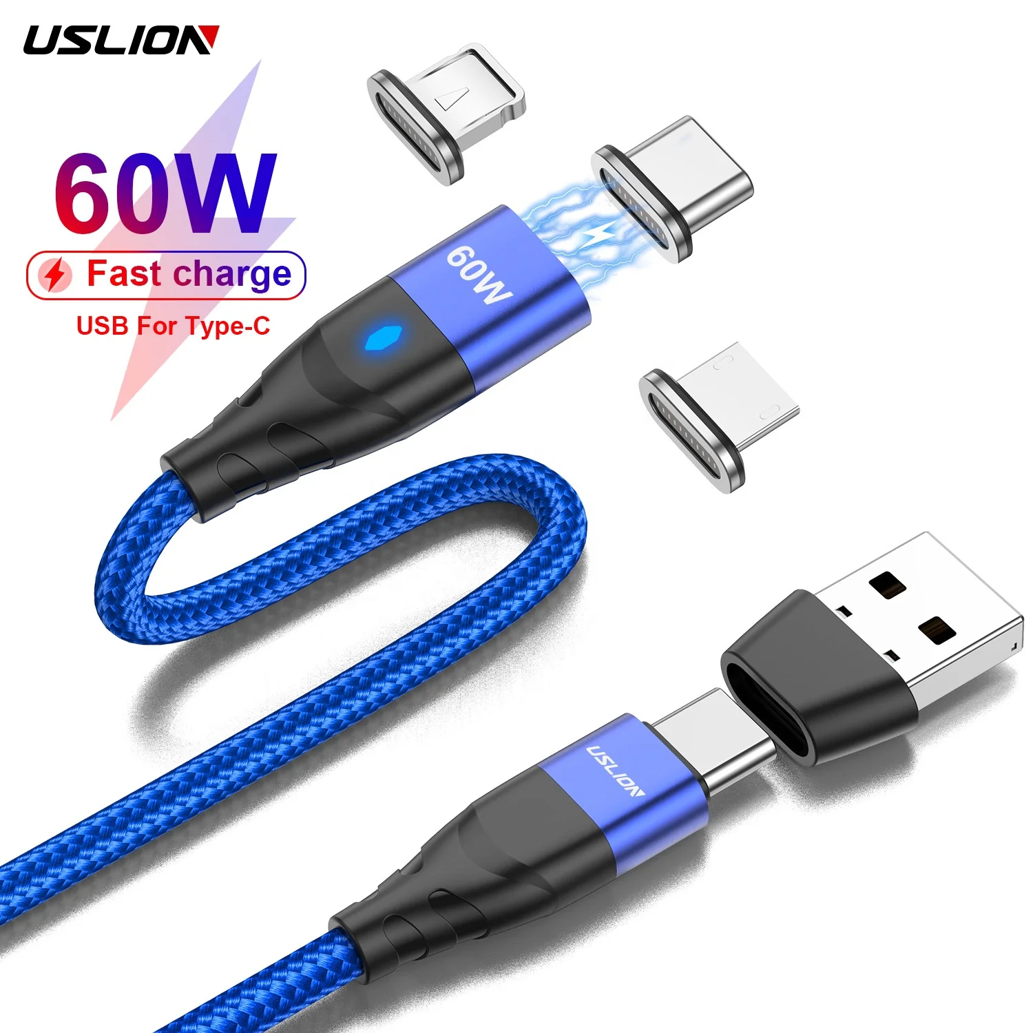 

USLION 1M PD 60W 6 IN 1 USB Type C Magnetic Cable Charger Mobile Phone 3 IN 1 Micro USB Data Cables Phone for Samsung S22 21, Black blue purple red (oem color contact seller)